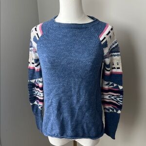 Chaps Women's Sweater in Blue with Pink and White Accents